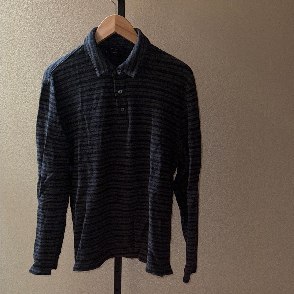 Vince Men's Gray Striped Button Down Cotton LS Polo Collared Shirt Size L